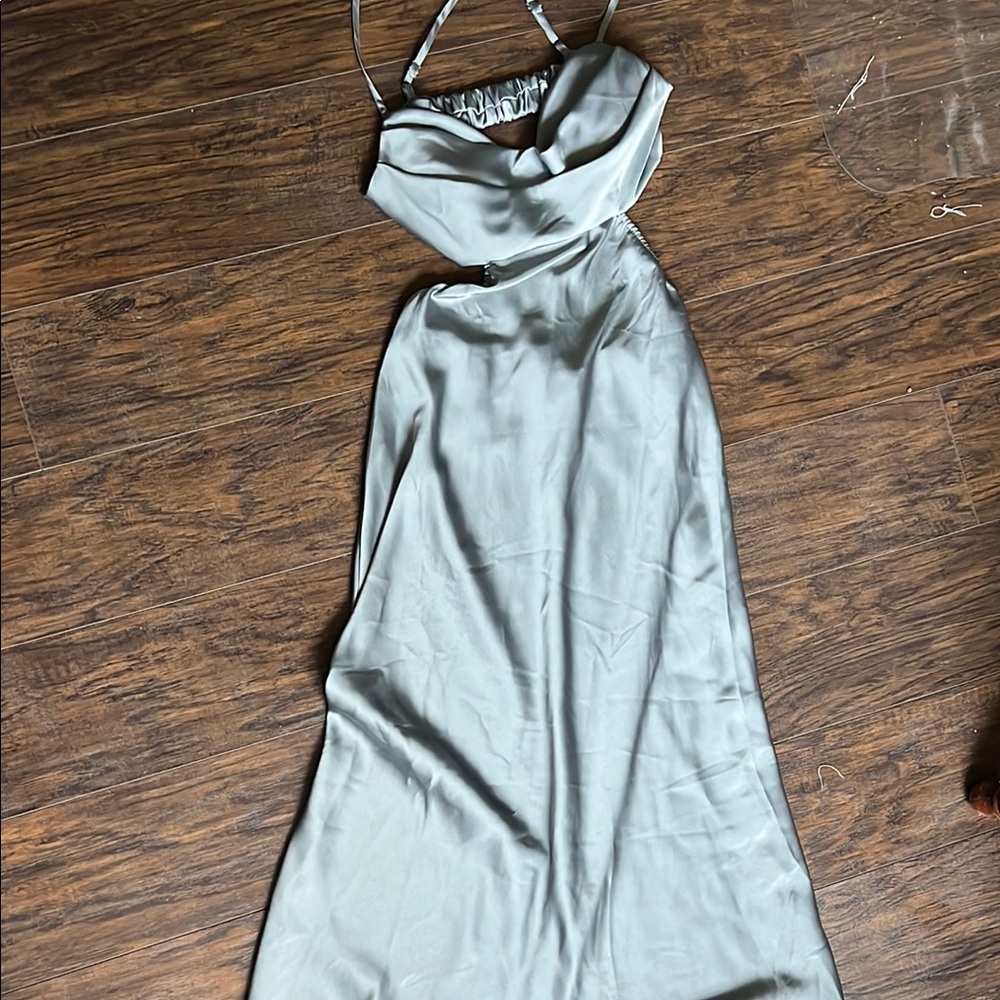 Fashion Nova Silver Asymmetrical Backless Sundress